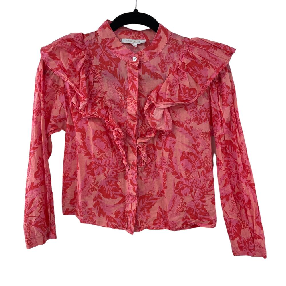 Olivaceous Ruffle Button Front Long Sleeve Red Pi… - image 1